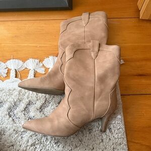 Dolce Vita Suede Almond-Toe Mid-Calf Boots in Light Beige